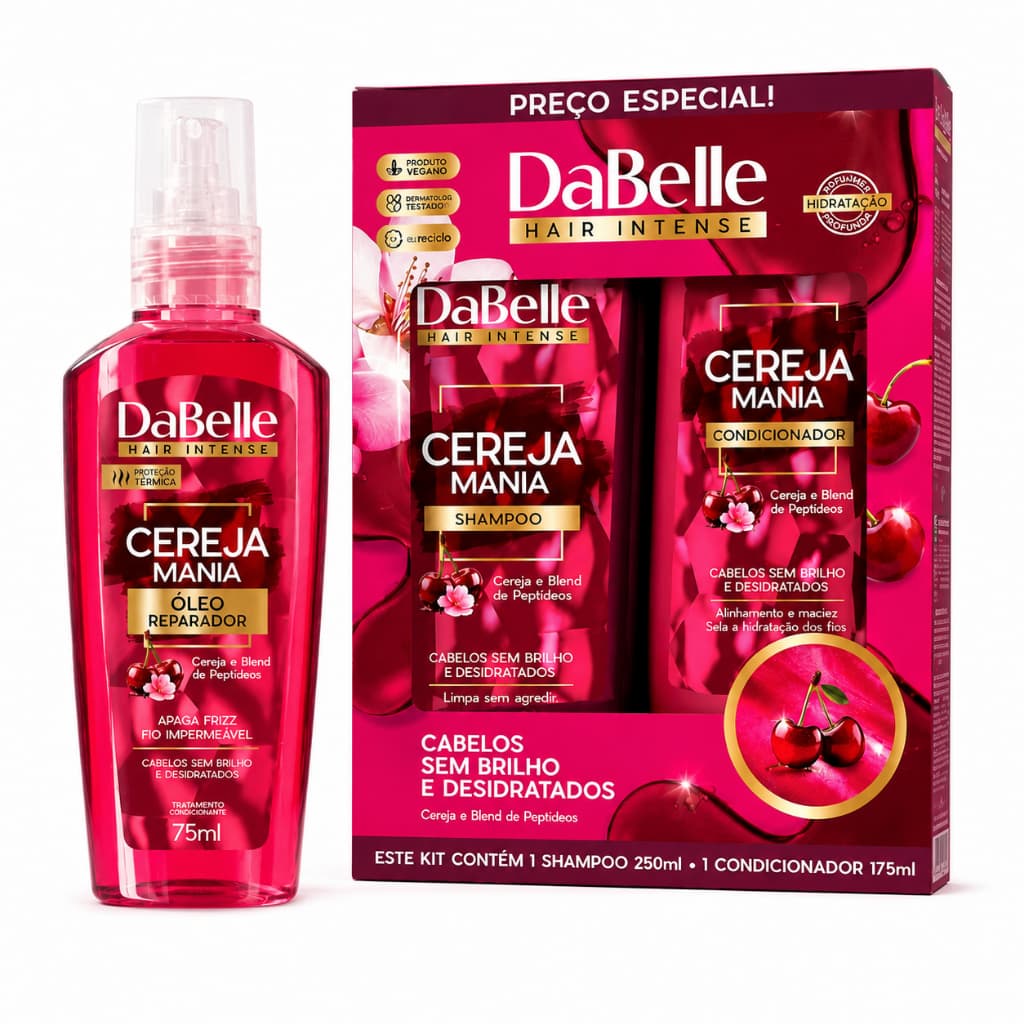 Kit Shampoo e Condicionador + Óleo Reparador  DaBelle Cereja Mania – Hidratação e Brilho