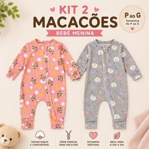 Kit 2 Macacões Soft Bebê Menina Inverno com Zíper Toque de Pêssego Quentinho Macio RN ao G