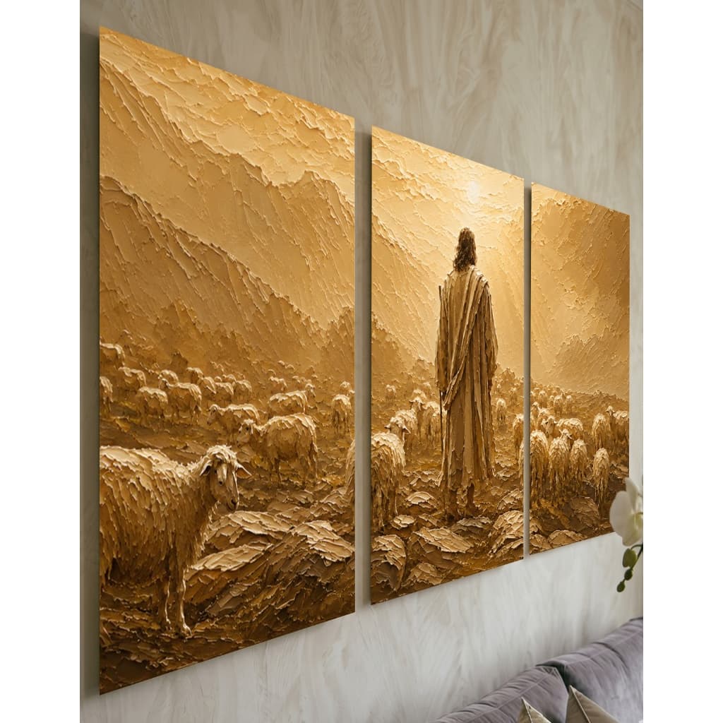 Kit Quadro Mosaico 3 Telas Jesus Cristo Bom Pastor Textura Dourado Decoração Sala