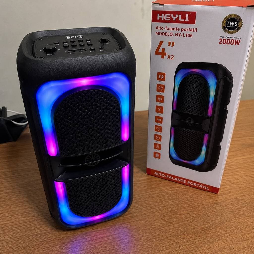 Caixa de Som Bluetooth Grande Portátil 2000W PMPO Karaokê TWS USB TF Rádio FM Entrada para Microfone