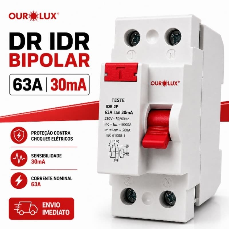 DR IDR Bipolar 63A 30mA 2 Polos 6kA Trilho DIN Ourolux 26202