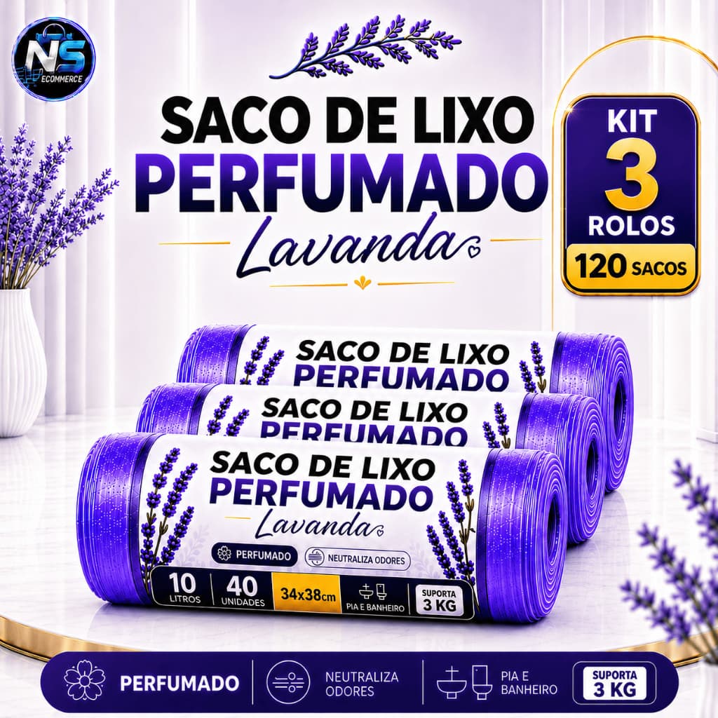 Kit 3 Rolos 120 Sacos Saco de Lixo Perfumado Lavanda 10L Pia/Banheiro Resistentes Neutraliza Odores