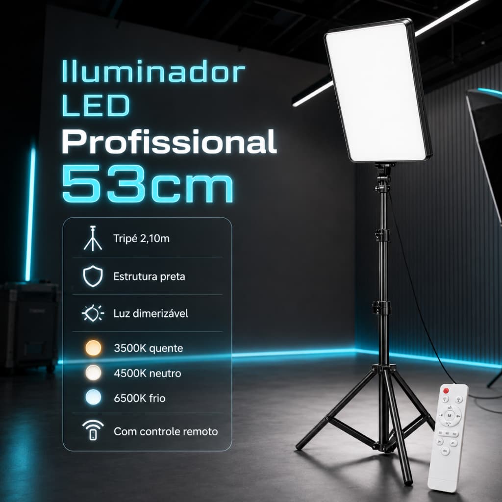 Painel Iluminador LED Profissional 24" Polegadas 53cm Tripé 2,10m Controle Remoto Estúdio Fotografia