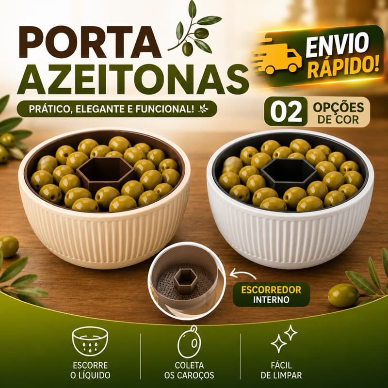 Porta Azeitonas com Escorredor e Coletor de Caroços Petisqueira 2 em 1 Tigela Petiscos Decorativa
