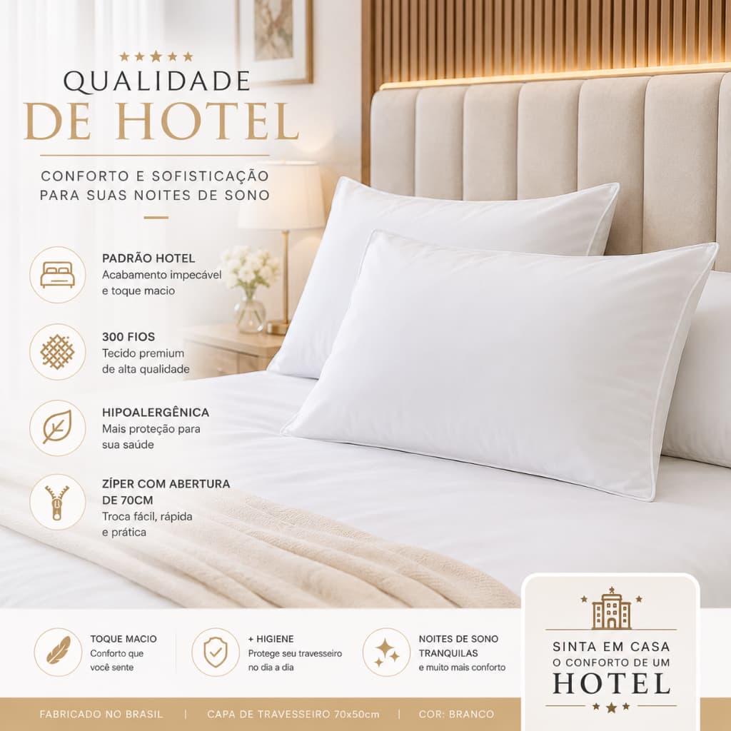 Protetor Capa de Travesseiro 70x50cm 300 Fios com Zíper Qualidade Hotel Micropercal Macio Branco
