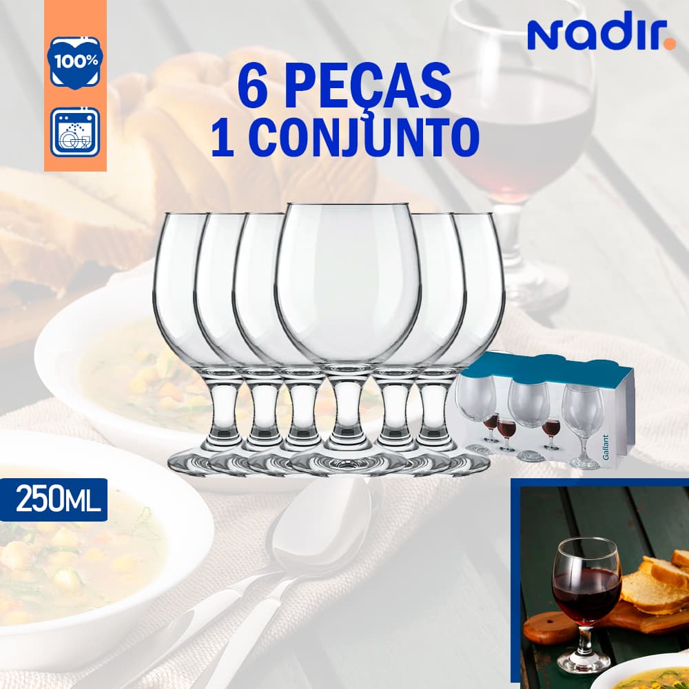 Kit Jogo 6 Taça Para Vinho Tinto Gallant 265ml Nadir Água