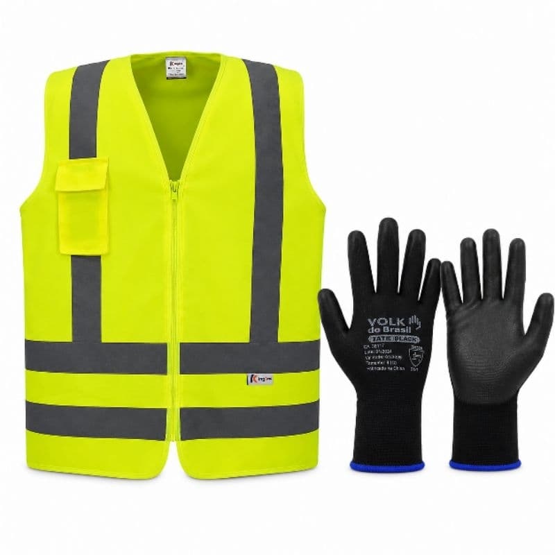 KIT ENTREGADOR COLETE SINALIZAÇÃO REFLETIVO e LUVA MULTITATO, OBRA, TRANSITO, ENTREGA