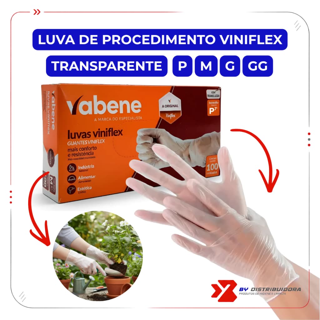Luva Procedimento Viniflex Vabene Transparente Sem Pó Profissional Higiene Cozinha Jardinagem