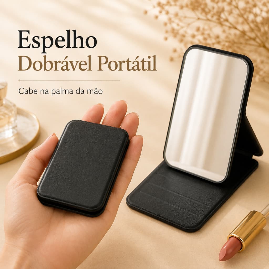 Espelho de Bolsa Dobrável Portátil para Maquiagem com 3 Ângulos e 4 Cores