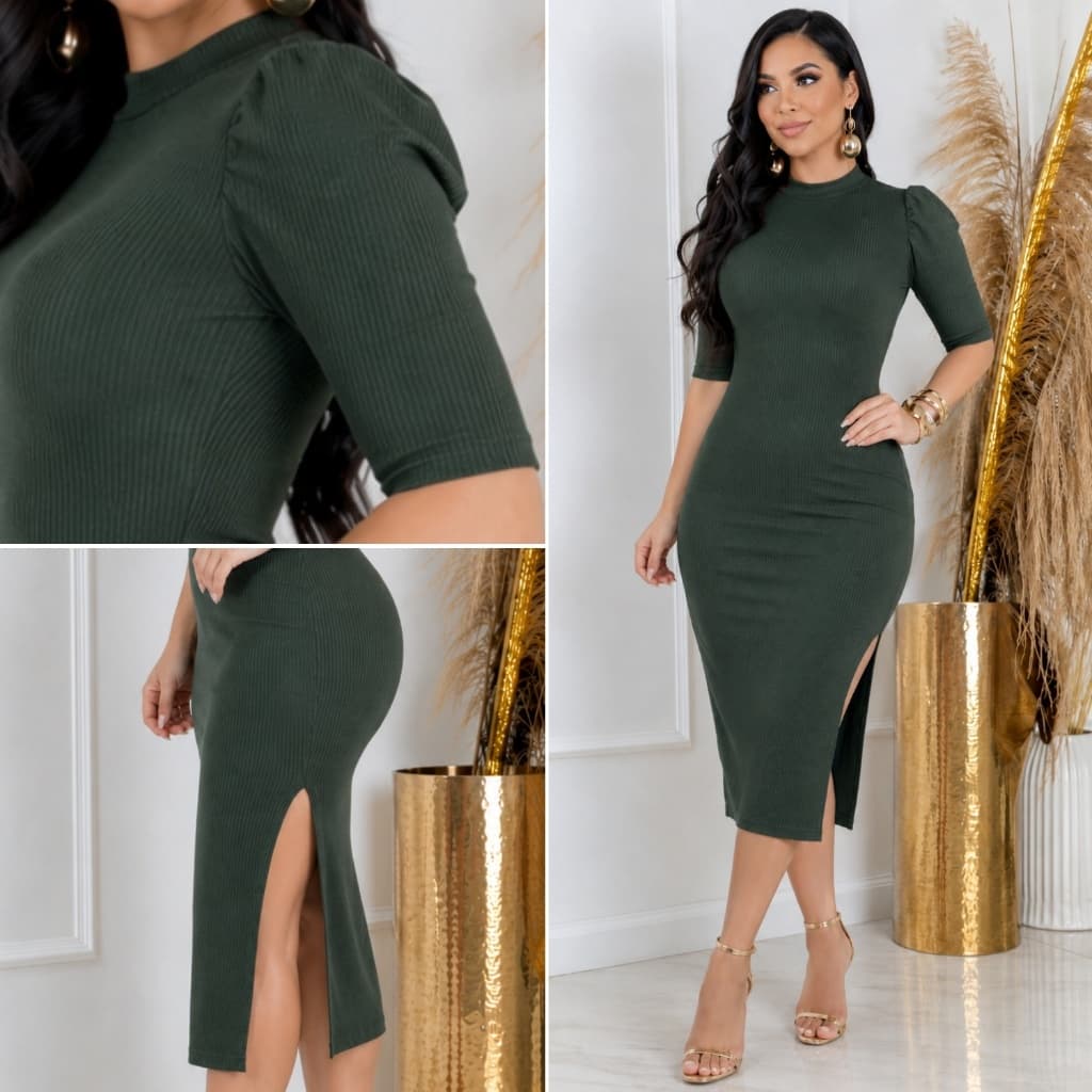 Vestido Feminino Midi com Fenda Lateral Gola Média Ribana Elegante Casual Manga Bufante