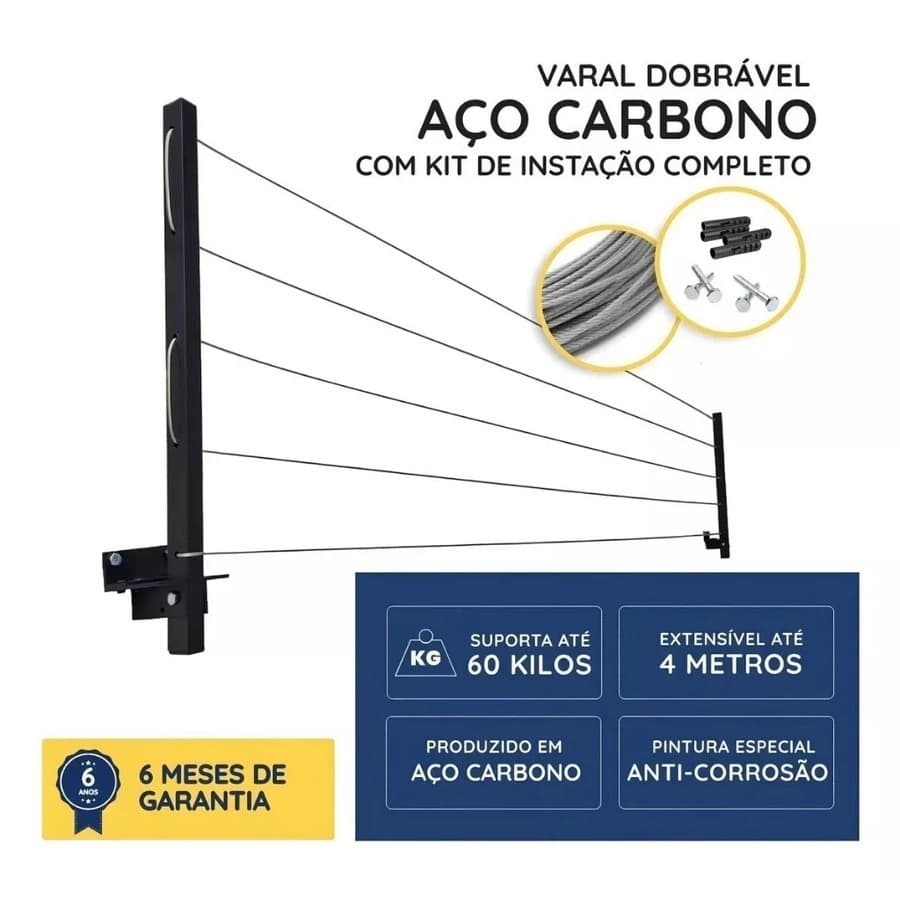 Varal de Parede Muro Dobrável Retratil Reforçado 60Kg