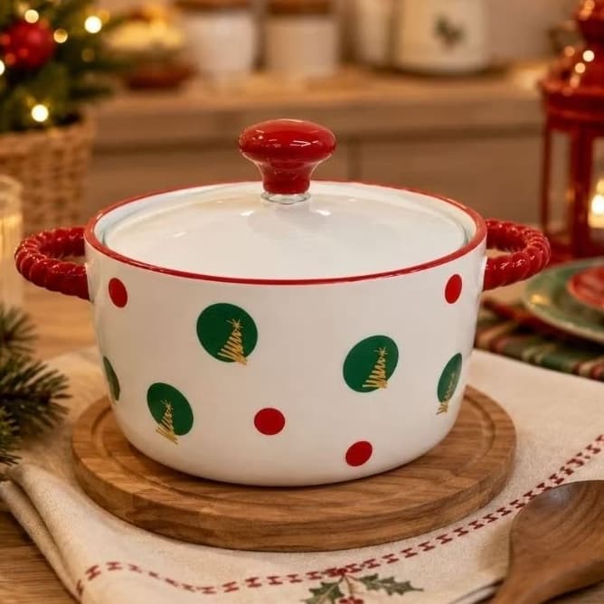 Panela Noel Natal Mesa Posta Tampa de Vidro Cerâmica 800ml