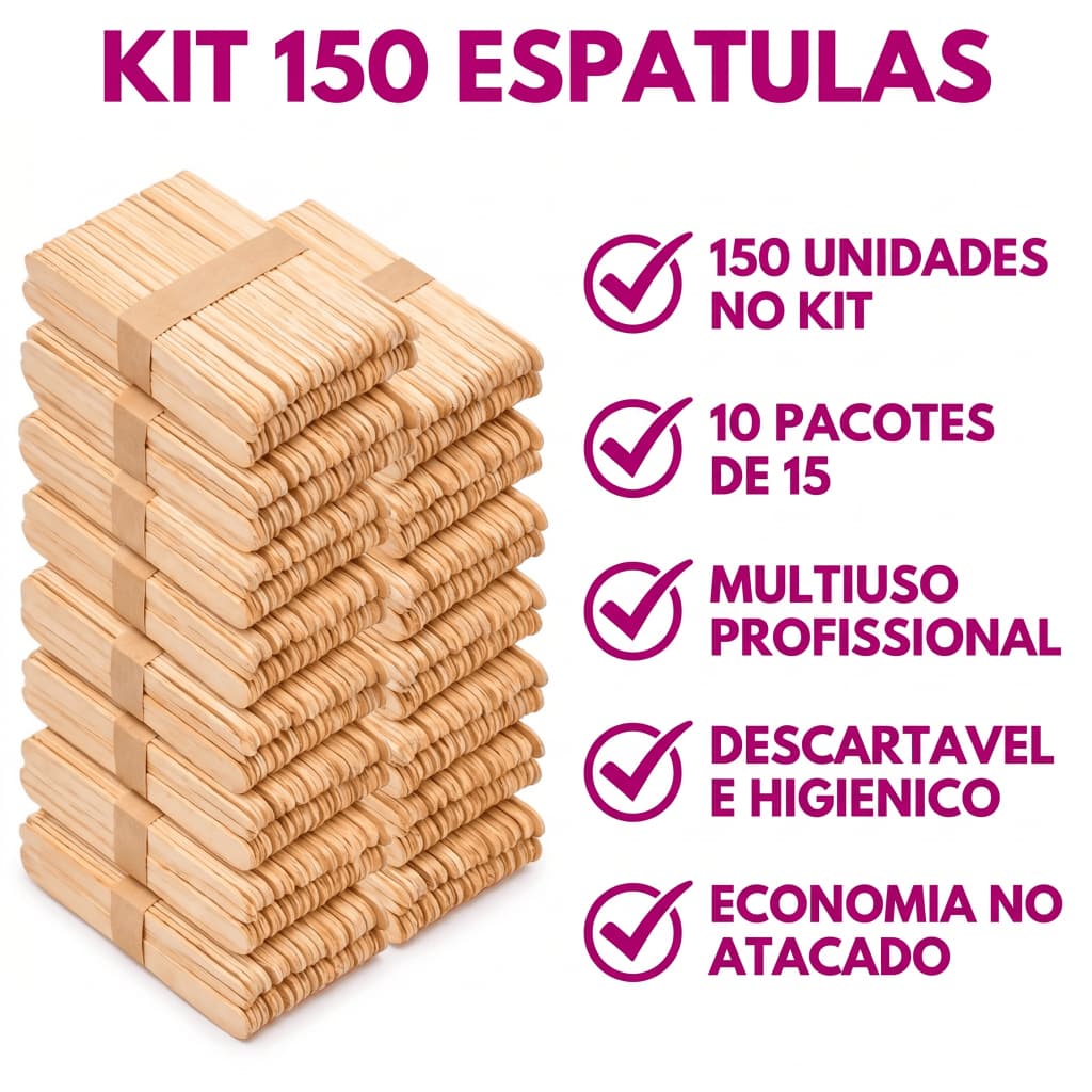 Kit 150 Espátula Madeira Abaixador de Língua Depilação Cera Descartável Aplicador Palito Artesanato 10 Pacotes