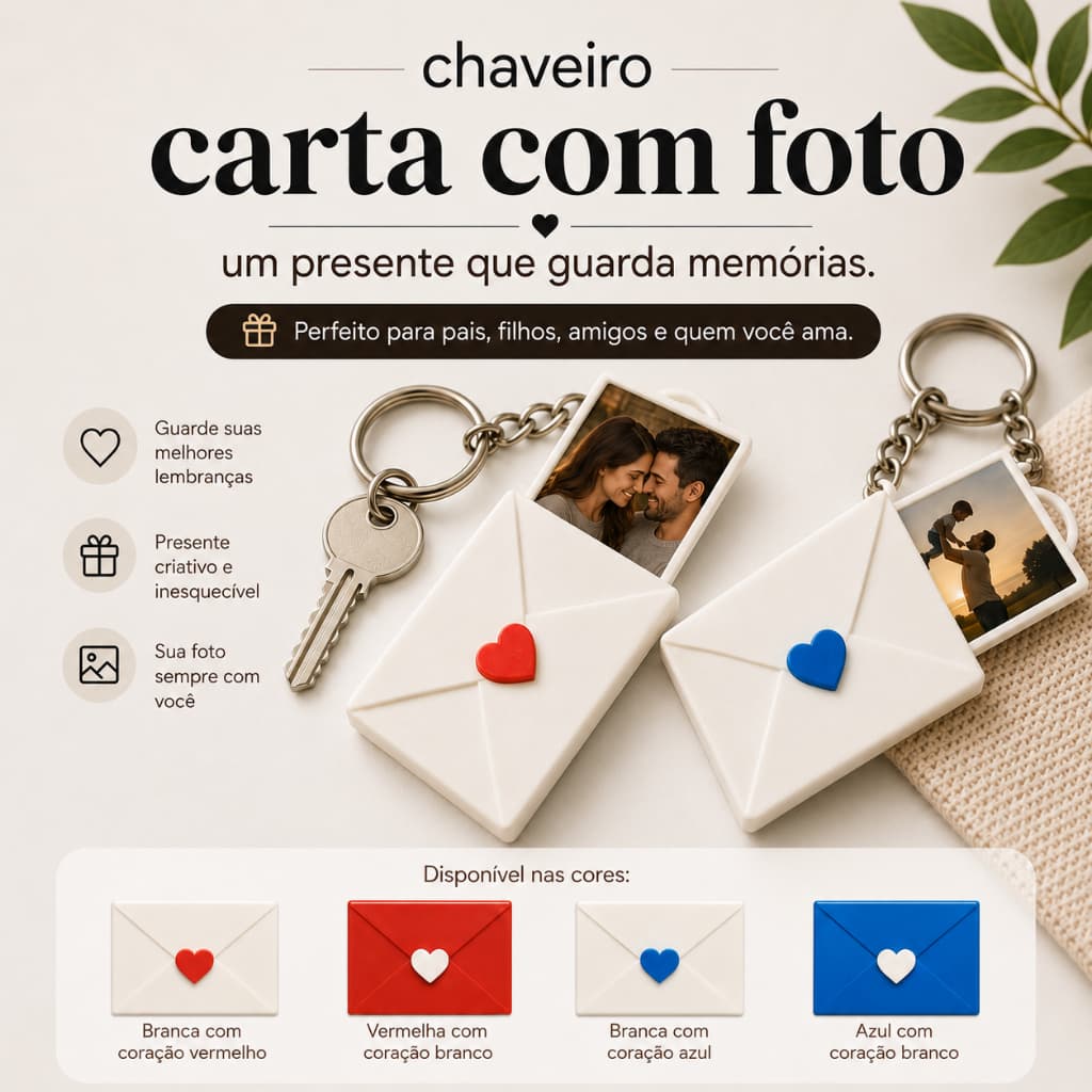 Chaveiro Envelope Carta com Foto | Presente Criativo para Casal, Namorados, Mães e Pais