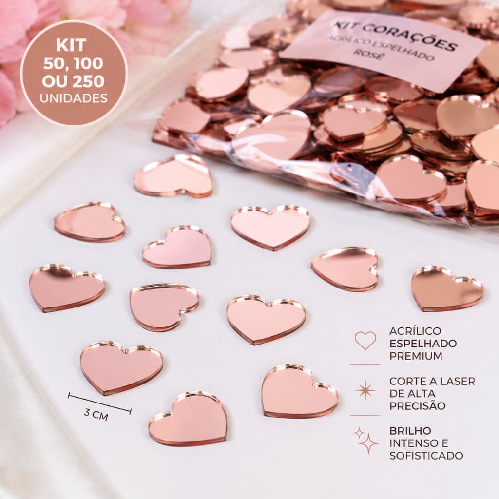 Kit Coração em Acrílico Rosê Espelhado 3x3 cm - Aplique para Artesanato, Lembrancinhas, Scrapbook, Convites, Caixinhas,