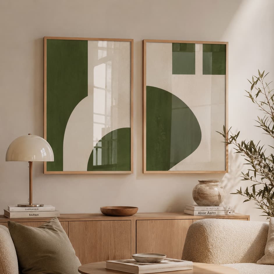 Kit DUO De Quadros Decorativos Sala Quarto Abstrato Verde Sálvia Geométrico Minimalista Bauhaus