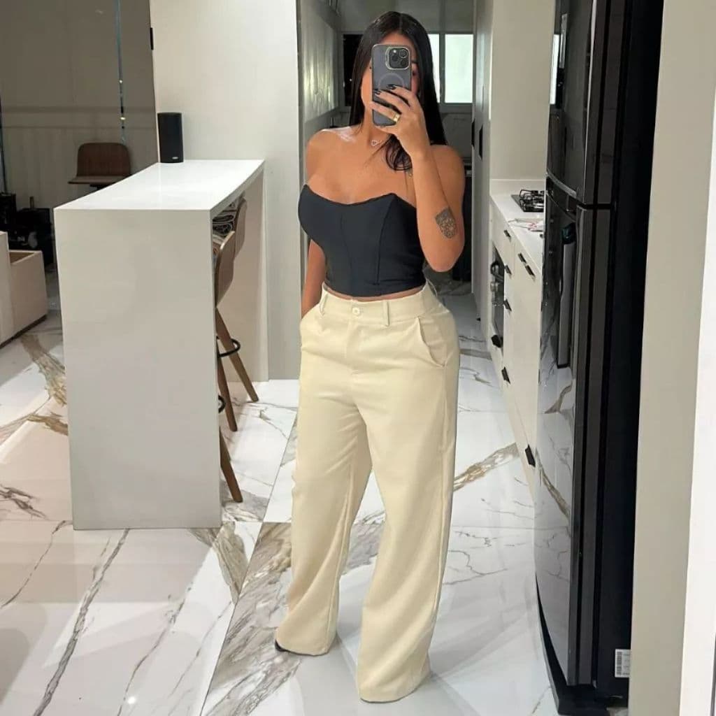 Calça Pantalona Alfaiataria Premium Com Bolso e Botão PROMOÇÃO