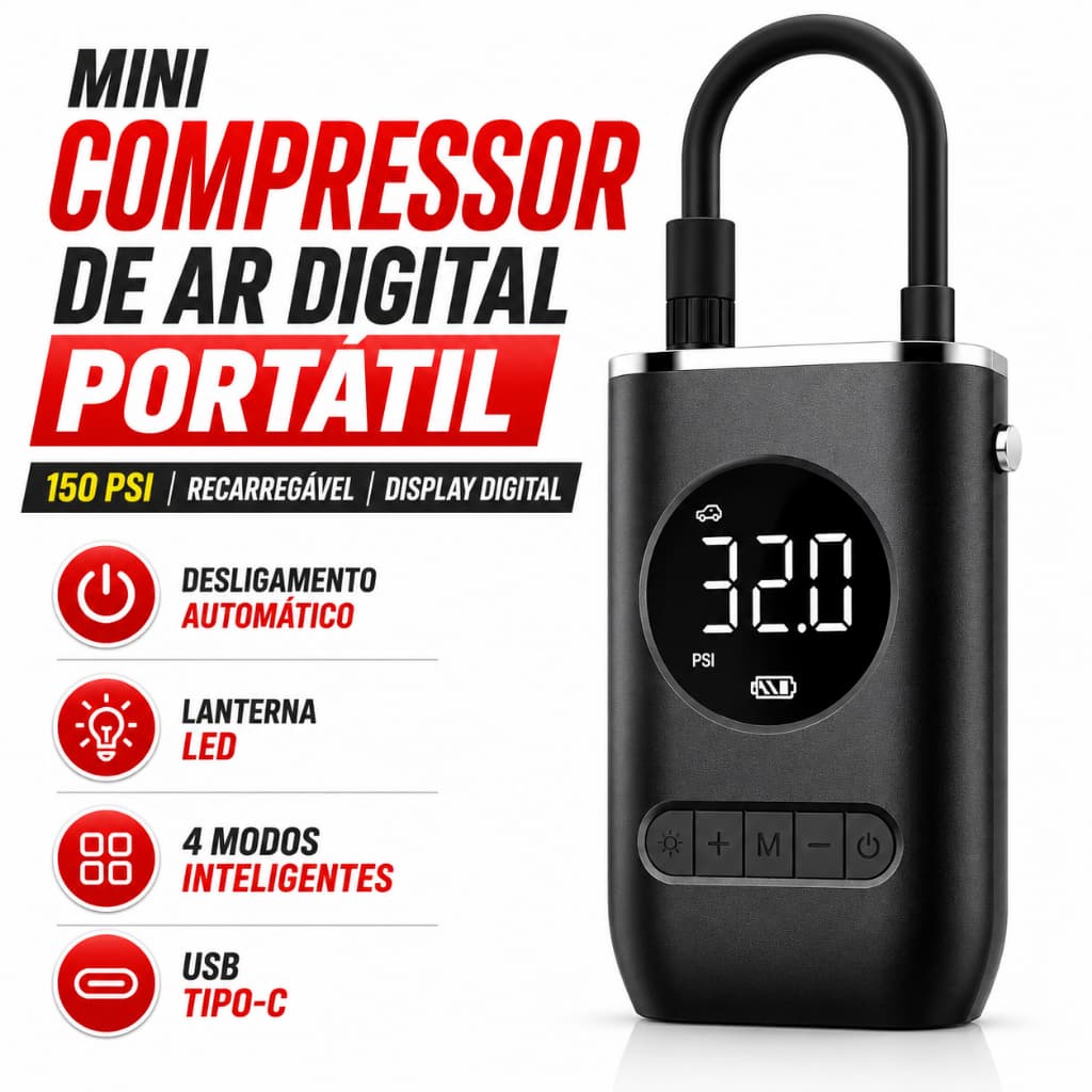 Mini Compressor de Ar Portátil Digital 150 PSI Recarregável USB para Carro Moto Bicicleta Bola Inflador de Pneu