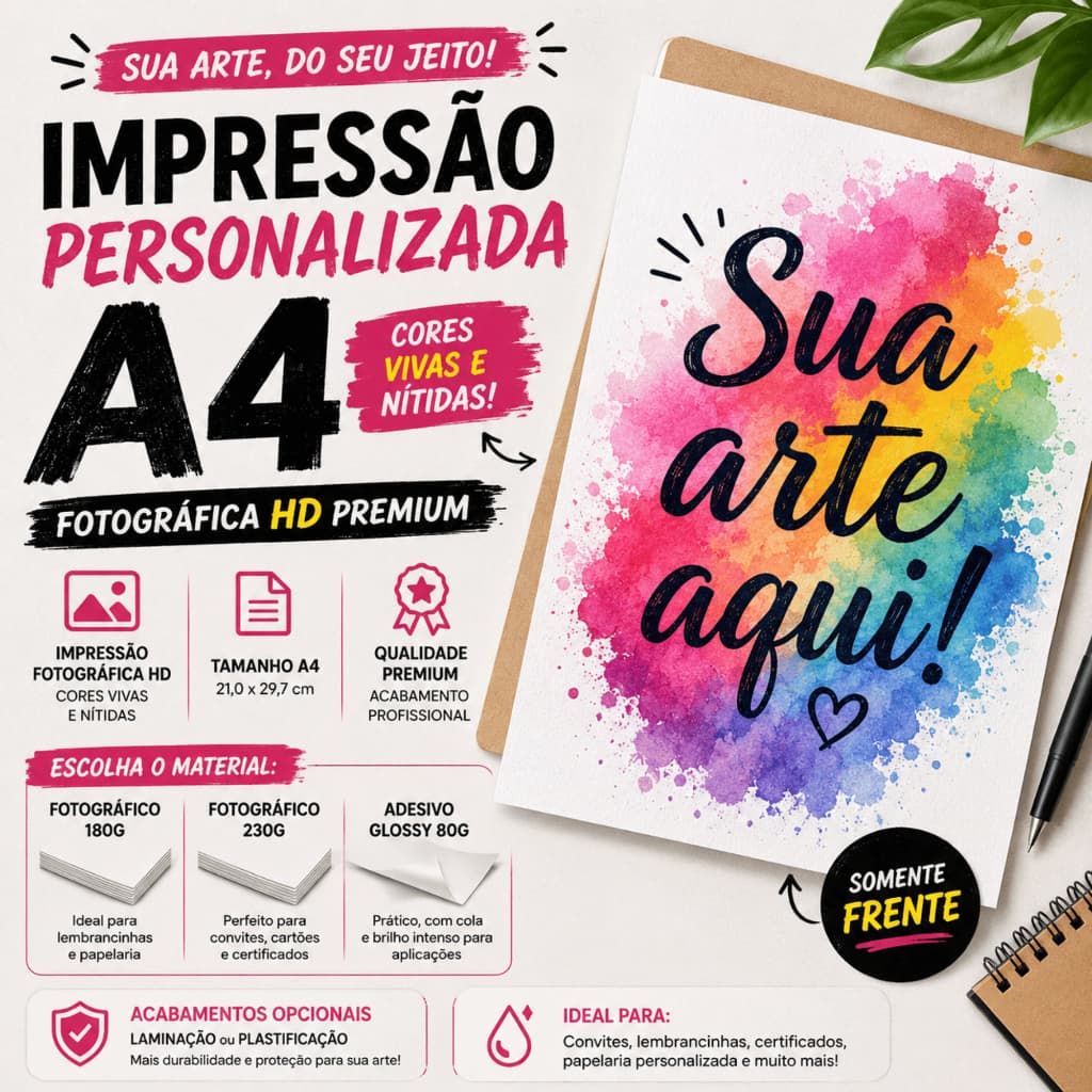 Impressão A4 Fotográfica HD Premium 180g 230g – Papel Fotográfico ou Adesivo – Opção Adicional Laminado / Plastificado