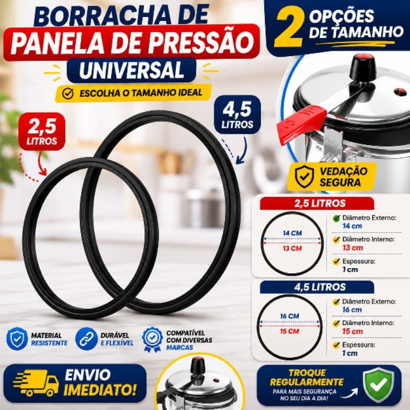 Kit 2 Borrachas Panela de Pressão Universal 2,5 Litros e 4,5 Litros Vedação Silicone Preta Reposição