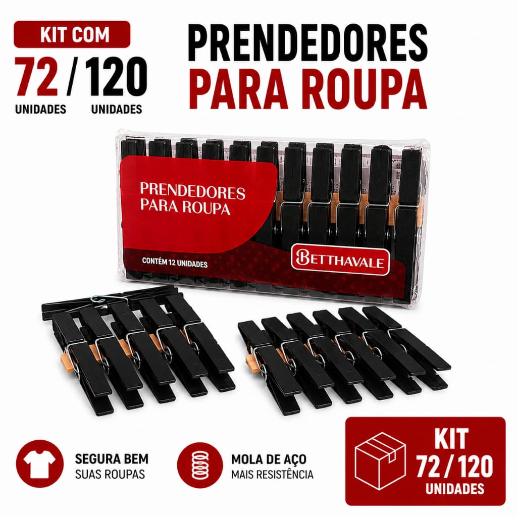 KIT 72\120 Unidades Prendedor Roupa Betthavale Aço Galvanizado Grampo Reforçado Plástico Resistente