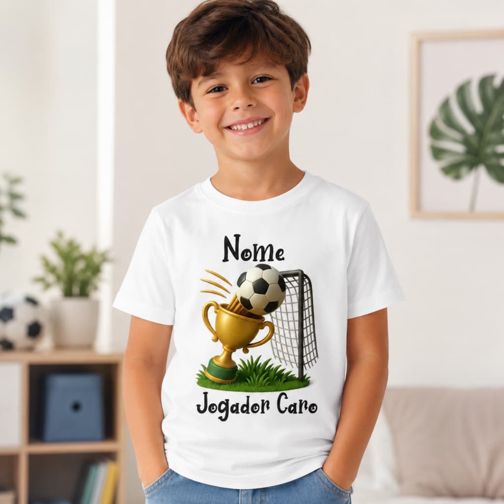 Camisa Personalizada Aniversário Futebol Jogador Caro com Nome -Bola e Troféu