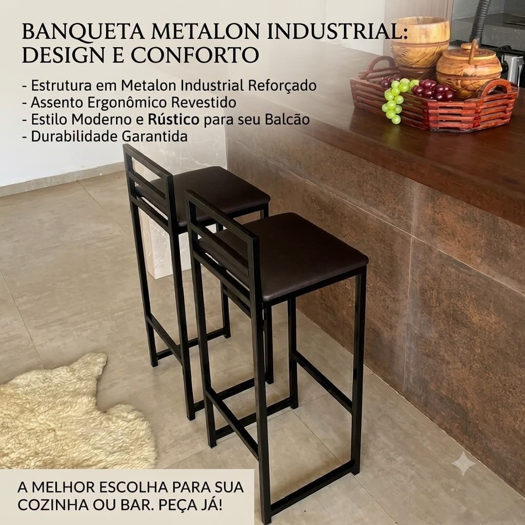 Banqueta Industrial Metal Acento Estofado Banco De Balcão - Preto com acento em cores