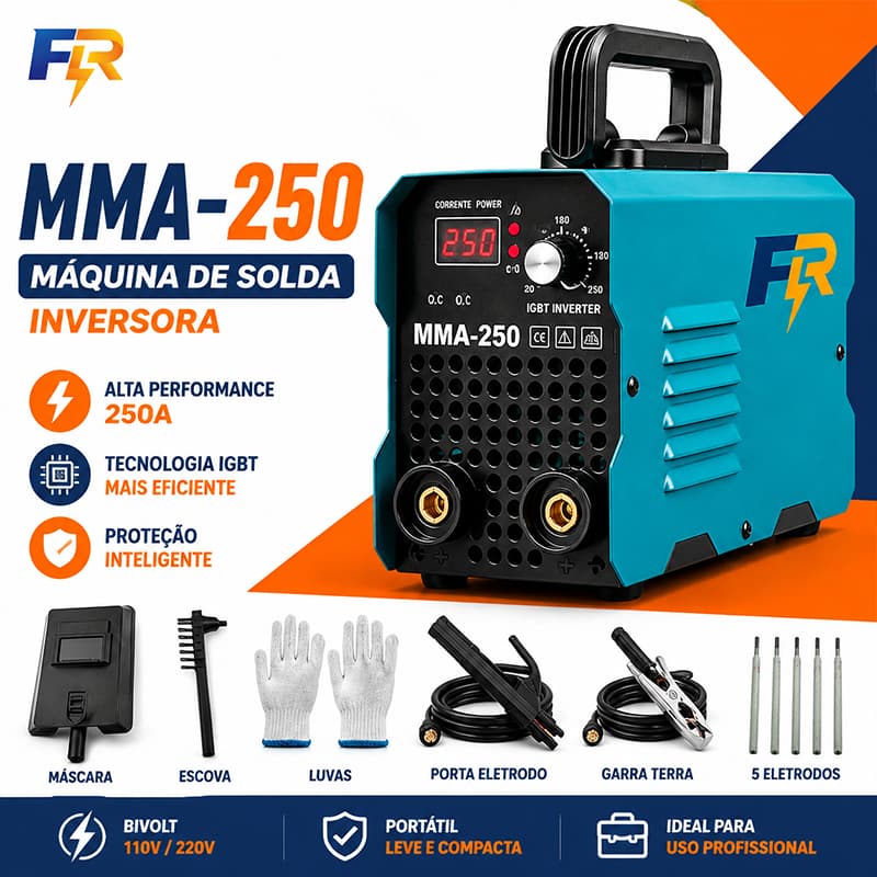 Máquina de Solda Inversora MMA-250 IGBT Bivolt 110V/220V Portátil Profissional