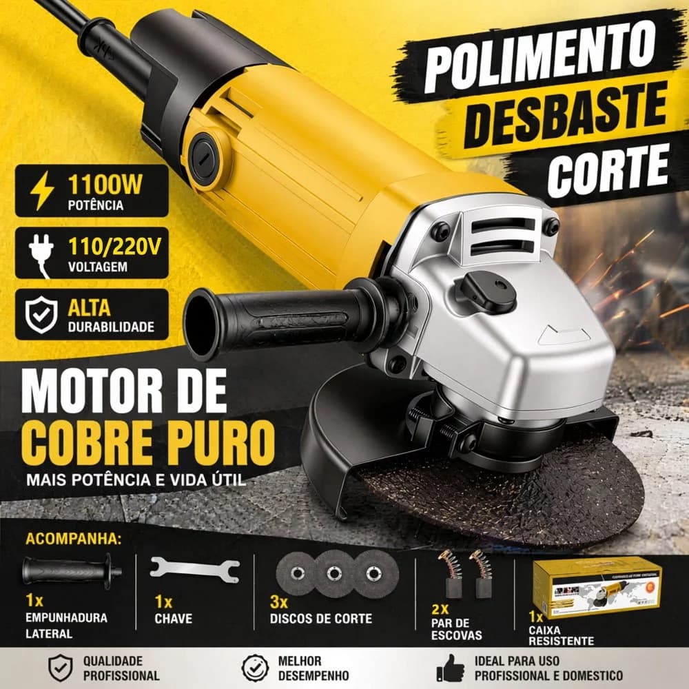 Esmerilhadeira Profissional Elétrica 1100W 115mm (4.5”) 11.500 RPM – Pró Euro 110/220V