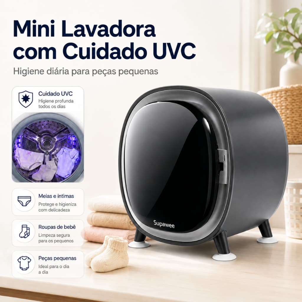 Mini Máquina de Lavar Roupas Portátil 3,5L com Esterilização UV, Tela Touch e Centrifugação