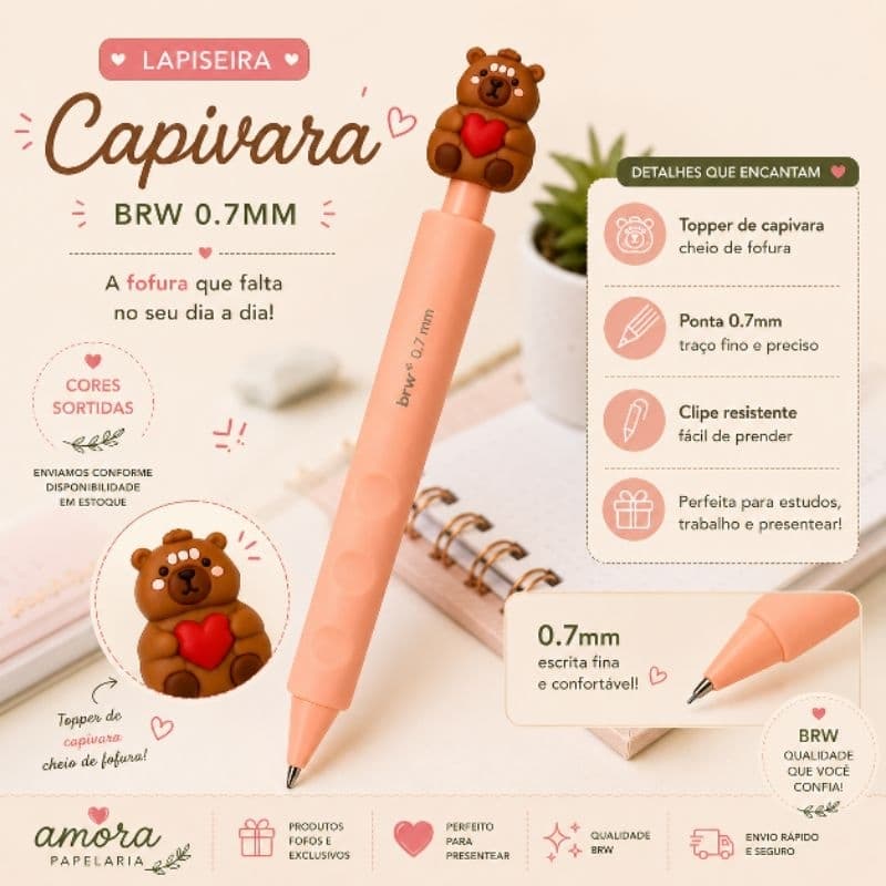 Lapiseira BRW 0.7 Capivara | Papelaria Fofa | Cores Sortidas