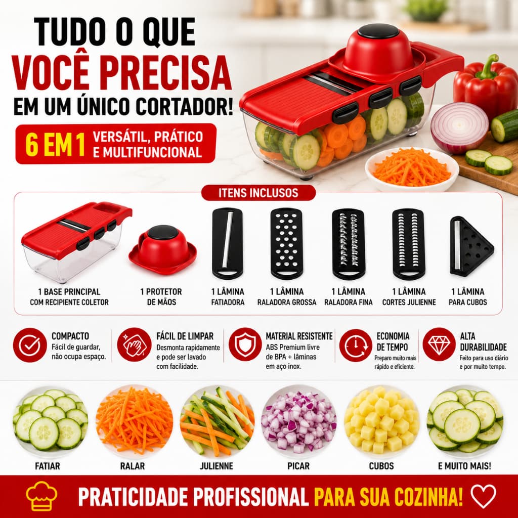 Cortador de Legumes 6 em 1 Profissional Aço Inox Fatiador Multifuncional com Recipiente