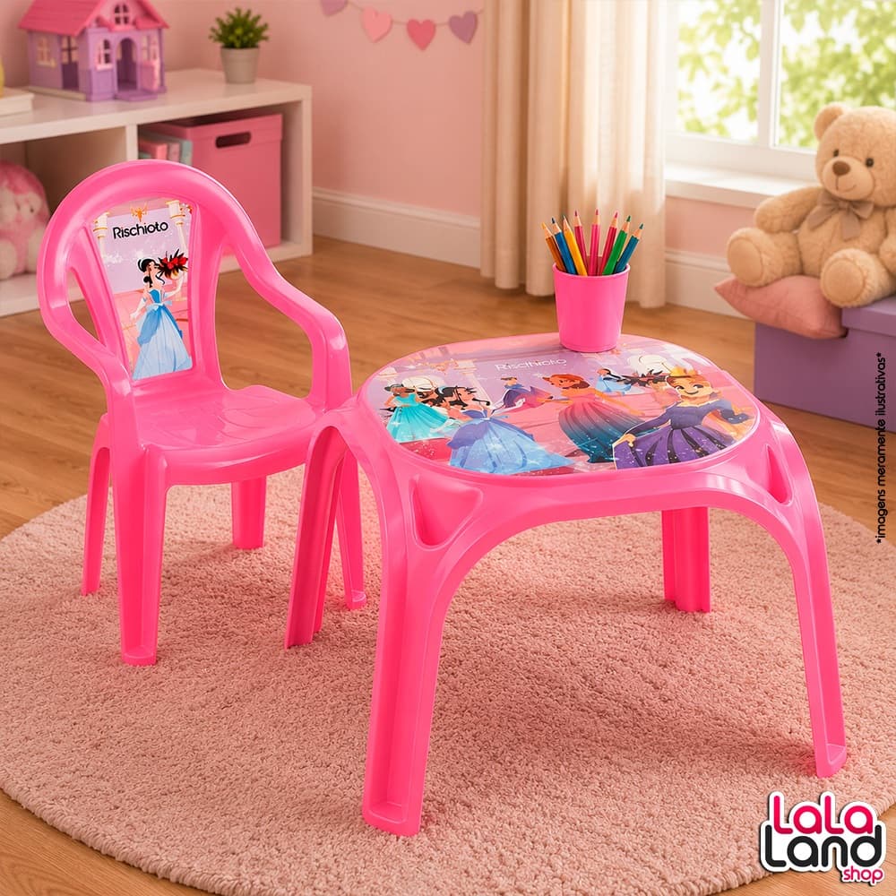 Kit Mesa Mesinha 1 Cadeira Poltrona Infantil Escolar Estampada Brinquedo Didático Decorada Princesa e Carros Disney