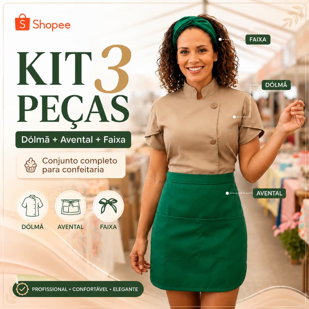 Dolma Feminina Chef Confeitaria e Cozinheira Manga Curta GABARDINE com Avental e Faixa de Cabelo Uniforme Profissional