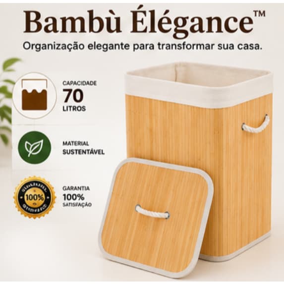 Cesto Organizador de Bambu com Tampa e Alças 70L Bambù Élégance™ para Roupas Lavanderia Natural