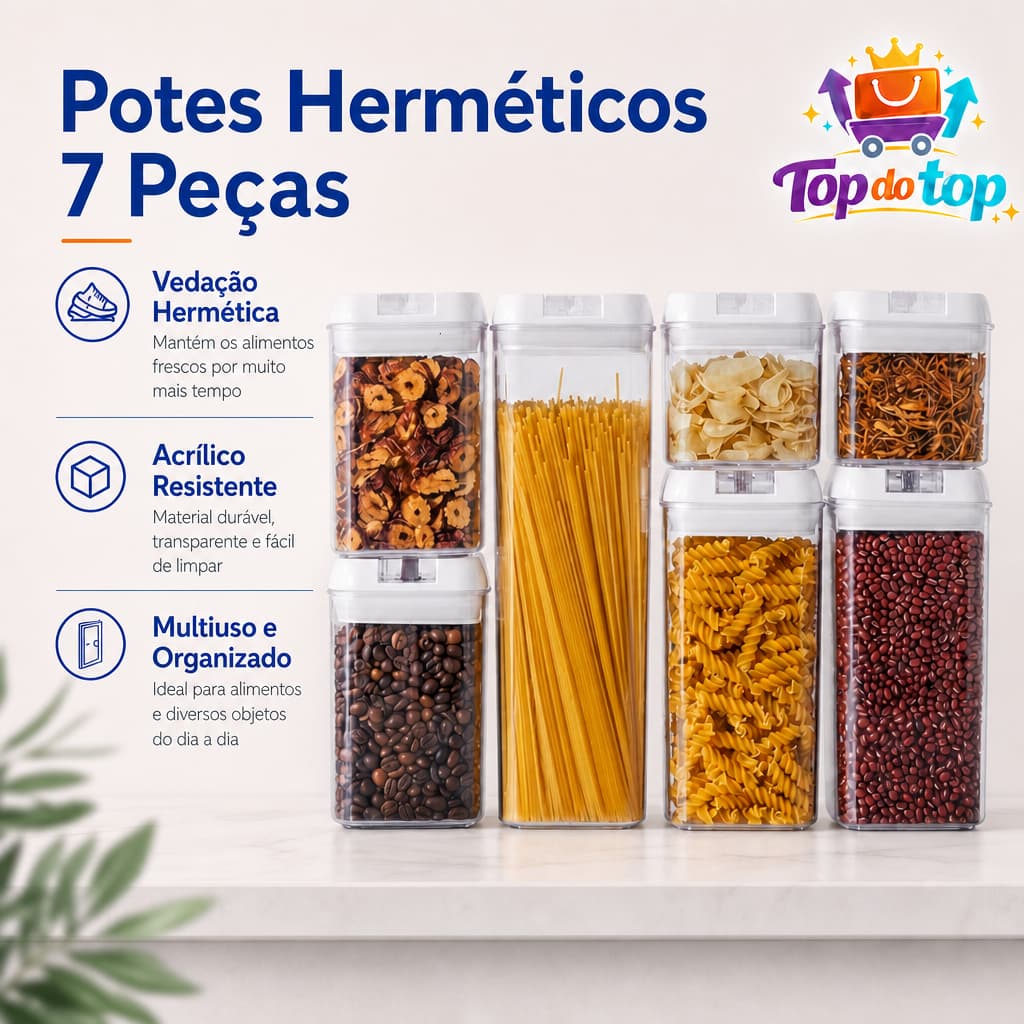 Kit potes herméticos Acrílico Multiuso 7 peças armazenamento grãos cereais biscoitos cosméticos