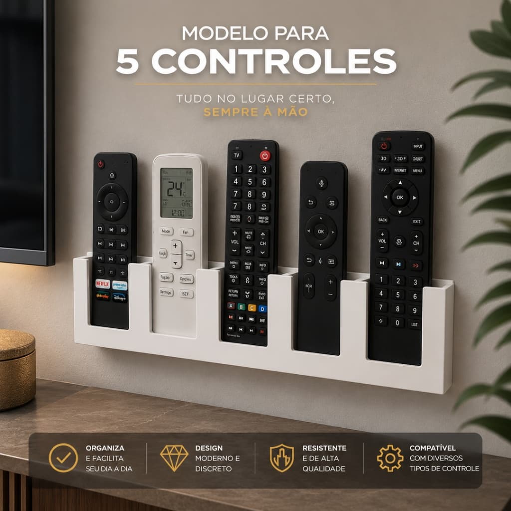 Porta Controle Remoto de Parede 2 3 4 5 Lugares Organizador para TV e Ar-Condicionado com Dupla Face Branco