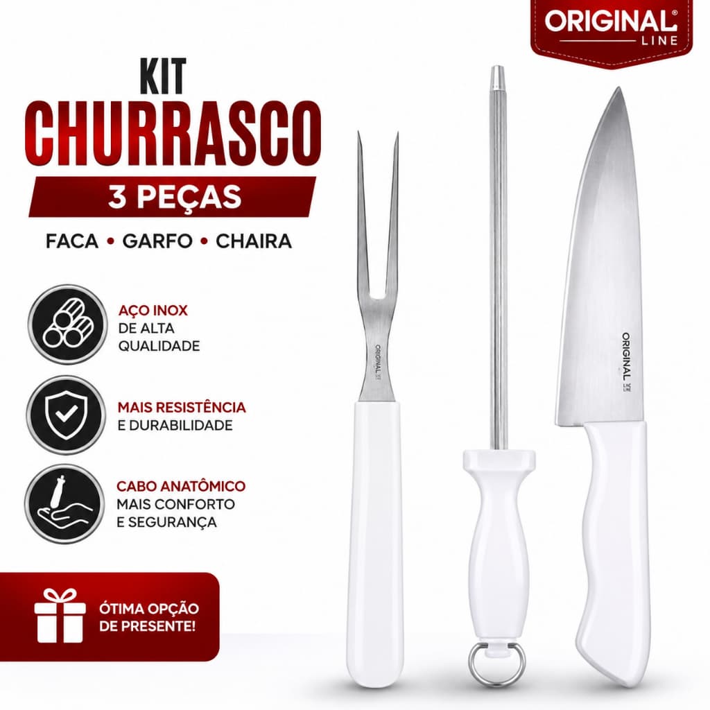 Kit de Churrasco 3 Peças Faca Garfo Chaira Aço Inox Original Line Resistentes Presente Churrasqueiro