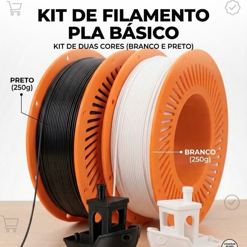 Kit Filamento PLA Branco e Preto 500g para Impressão 3D com 2 Cores com 250g cada para Projetos e Testes