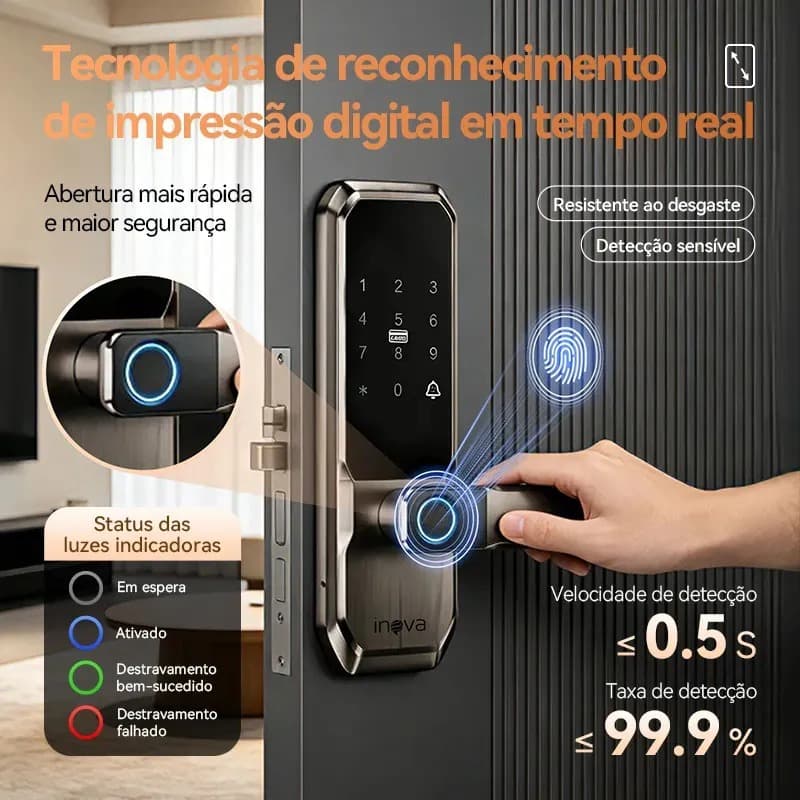 Fechadura Digital Inteligente De Sobrepor com Biometria Senha Cartão IC Chaves Adequada para Portas Esquerdas e Direitas