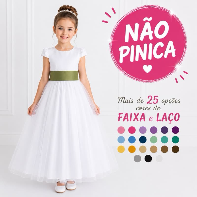 Vestido Infantil Tamanho 4 a 10 Longo Branco 25 cores de Faixa Daminha de honra Florista REF4190