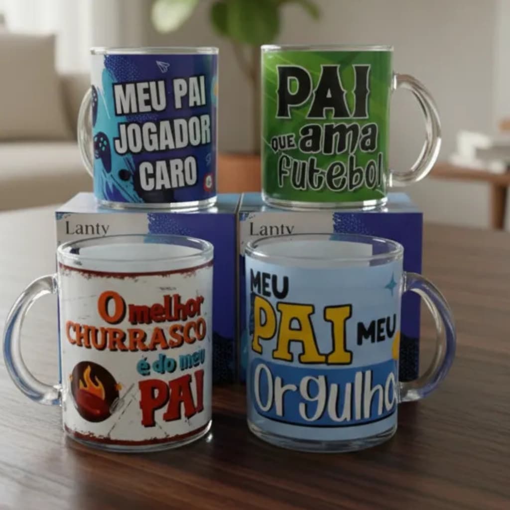 Kit 4 Caneca Dia Dos Pais De Vidro Frases Meu Pai 330ml