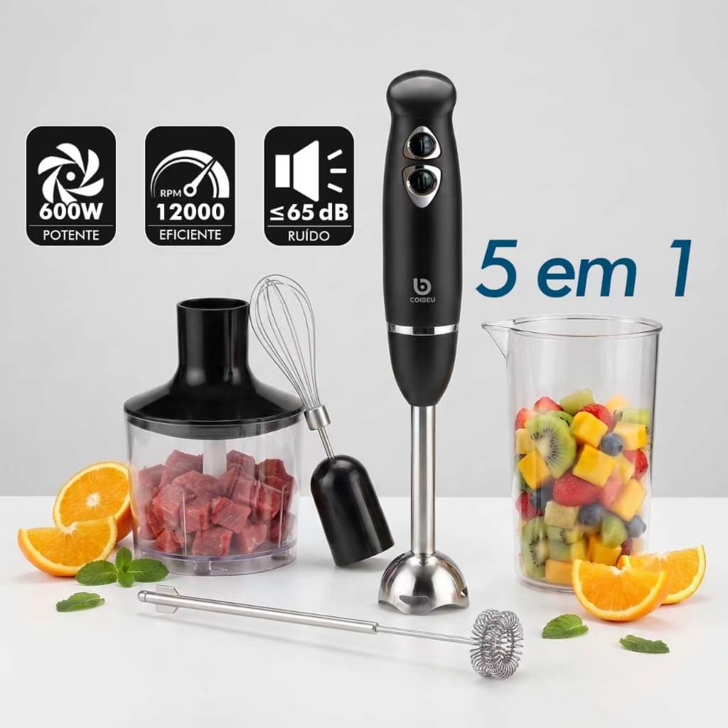 COIBEU Mixer Inox 5 em 1 600W ,  Batedor, Triturador, Mixer Turbo,Batedor Espumador Leite