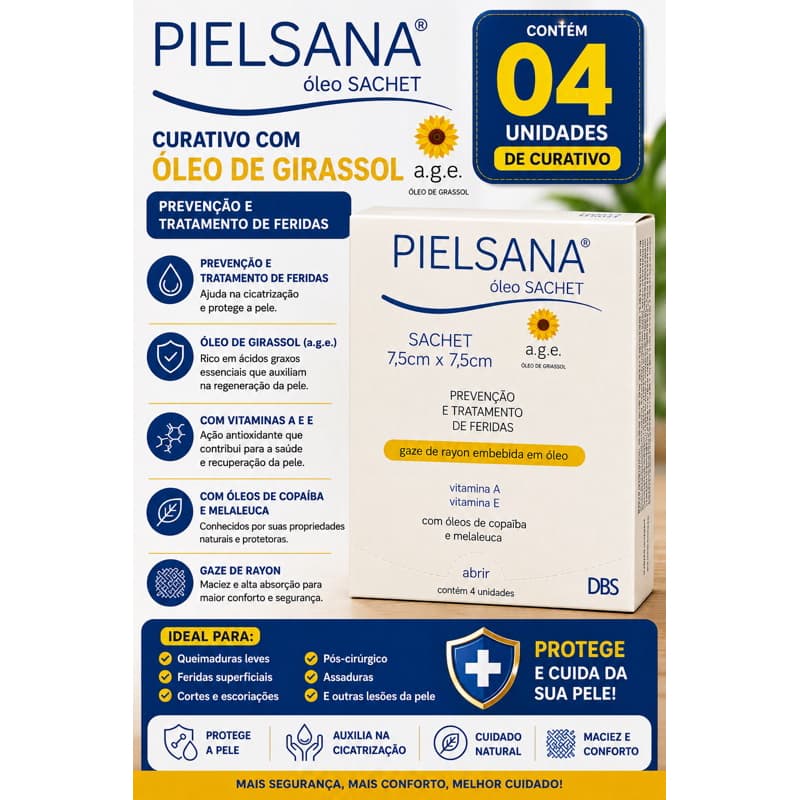 4 Unidades de Curativo Pielsana Gaze de Rayon com Óleo AGE 7,5 x 7,5 cm - 3ML -DBS