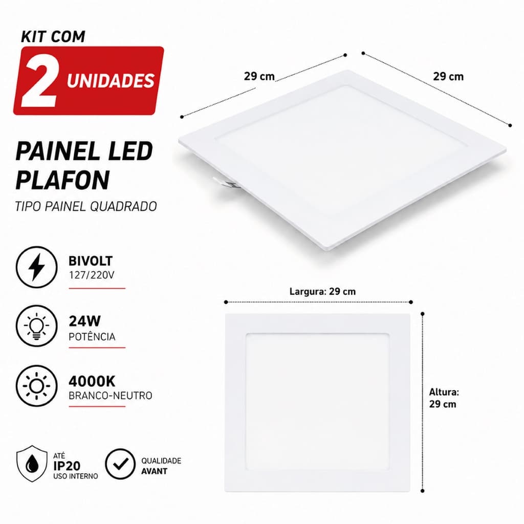 Kit 2 Painéis LED Embutir 24W Avant 29x29 Quadrado Slim Bivolt 4000K Branco Neutro Para Gesso Drywall PVC