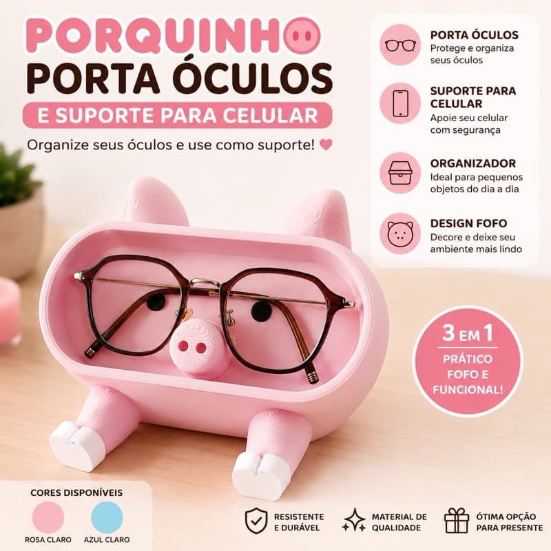 Porta Óculos Porquinho Porta Joias e Suporte para Celular Organizador de Mesa Decorativo