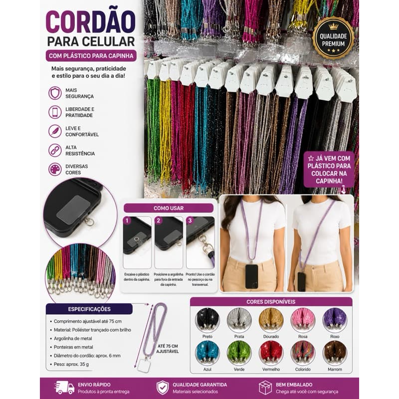 Cordão de Celular com Brilho Strass - Elegância e Praticidade, Universal e Resistente