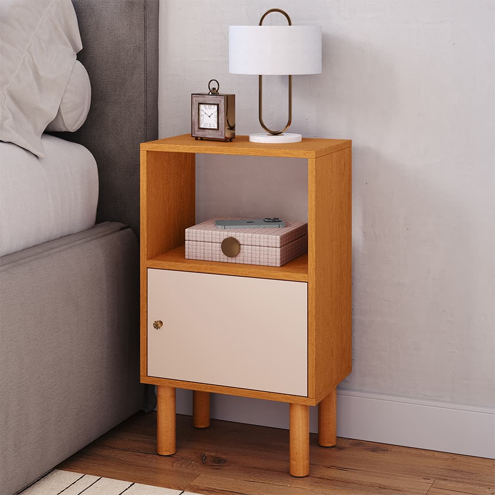 Mesa Cabeceira Pés Palitos Criado 1 Porta Com Nicho-2 Cores- Design Moderno Retrô Multiuso