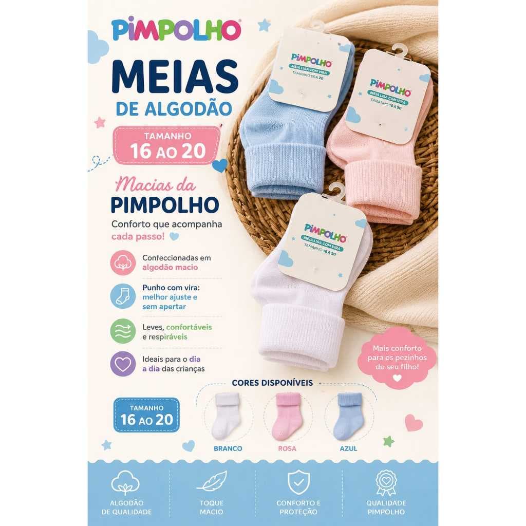 Meia de algodão Bebê 16 ao 20 Com beirada virada