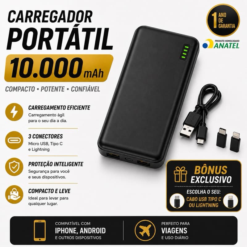 Power Bank 10000mAh Carregador Portátil Universal Com Cabo USB-C Ou Lightning